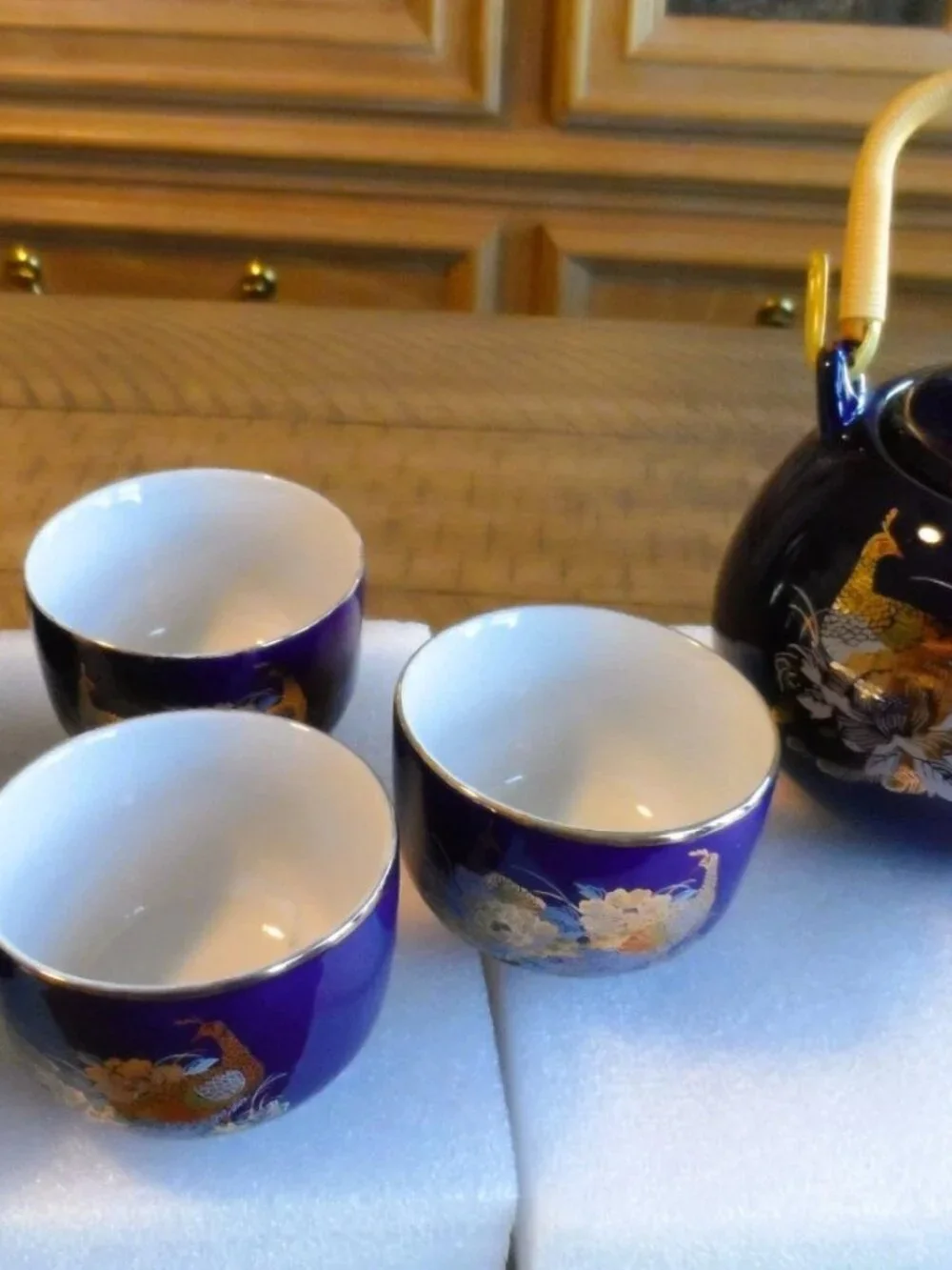 Japanese Cobalt Blue Teapot + 5 Cups Peacock/Floral/Gold Trim Bamboo Handle VTG